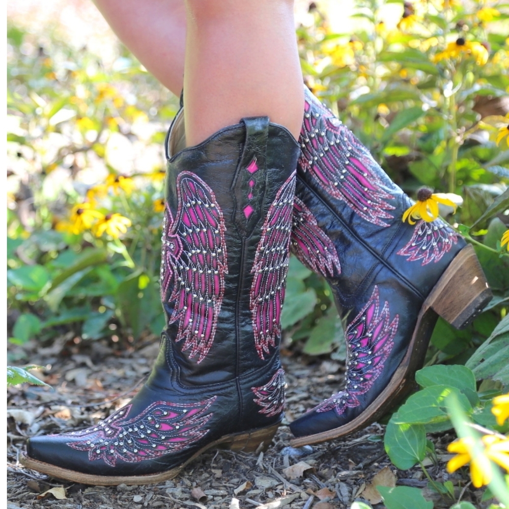 CORRAL A1049 pink/black Wing & cross snip toe blingy cowgirl western boots sz 6